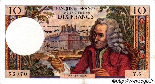 10 Francs VOLTAIRE FRANCE  1963 F.62.02 TTB+