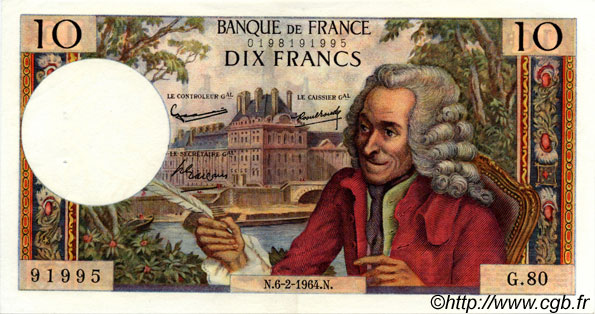 10 Francs VOLTAIRE FRANCE  1964 F.62.08 SUP+