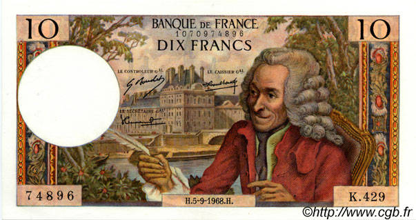 10 Francs VOLTAIRE FRANCE  1968 F.62.34 SPL