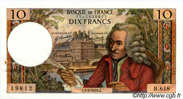 10 Francs VOLTAIRE FRANCE  1970 F.62.46 SUP+