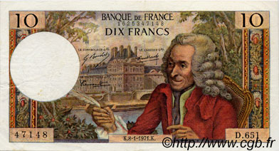 10 Francs VOLTAIRE FRANCE  1971 F.62.48 TTB+