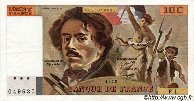 100 Francs DELACROIX FRANCE  1978 F.68.01 TTB à SUP