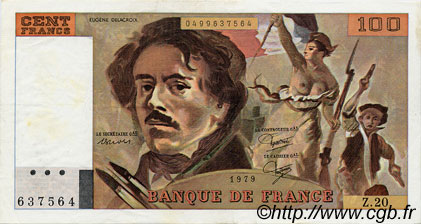 100 Francs DELACROIX modifié FRANCE  1979 F.69.03 SUP