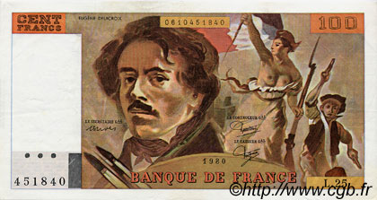 100 Francs DELACROIX modifié FRANCE  1980 F.69.04a SUP+