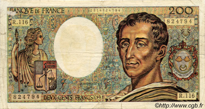 200 Francs MONTESQUIEU FAUX FRANCE  1992 F.70.-- B+