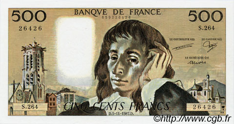 500 Francs PASCAL FRANCE  1987 F.71.37 pr.NEUF