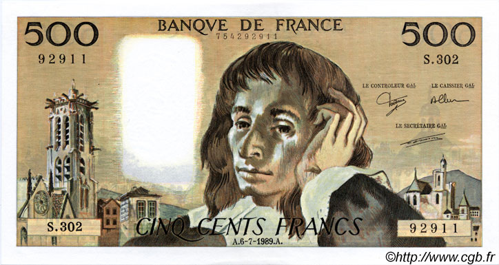500 Francs PASCAL FRANCE  1989 F.71.42 pr.SPL