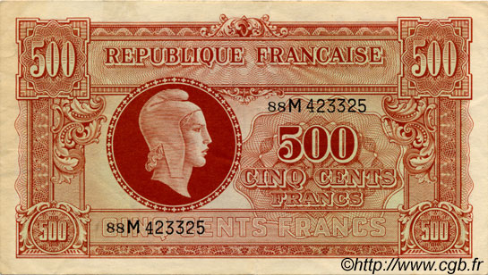500 Francs MARIANNE fabrication anglaise FRANCE  1945 VF.11.02 TTB à SUP