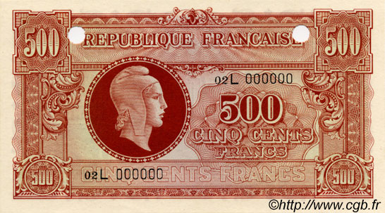 500 Francs MARIANNE fabrication anglaise Spécimen FRANCE  1945 VF.11.00Sp NEUF