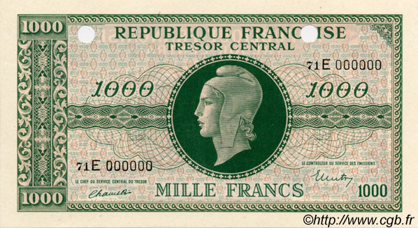 1000 Francs MARIANNE THOMAS DE LA RUE Spécimen FRANCE  1945 VF.13.02Sp NEUF