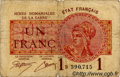 1 Franc MINES DOMANIALES DE LA SARRE FRANCE  1920 VF.51.02 B+