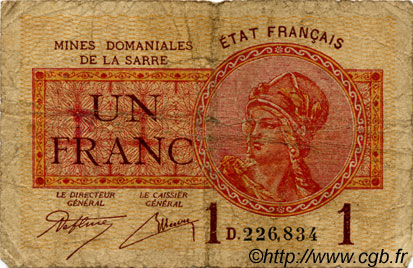 1 Franc MINES DOMANIALES DE LA SARRE FRANCE  1920 VF.51.04 B