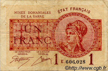 1 Franc MINES DOMANIALES DE LA SARRE FRANCE  1920 VF.51.05 pr.TTB