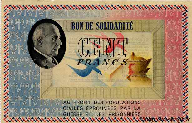 100 Francs BON DE SOLIDARITÉ FRANCE régionalisme et divers  1941 KL.10C1 ou 2 TTB à SUP