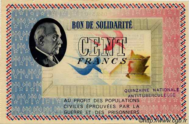 100 Francs BON DE SOLIDARITÉ FRANCE régionalisme et divers  1941 KL.10D1 SUP