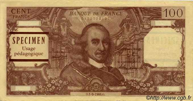 100 Francs CORNEILLE Spécimen FRANCE régionalisme et divers  1966  TTB