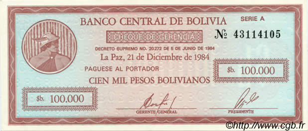 100000 Pesos Bolivianos BOLIVIE  1984 P.188 NEUF