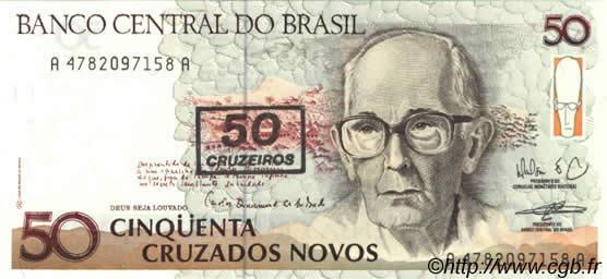 50 Cruzeiros sur 50 Cruzados Novos BRÉSIL  1990 P.223 NEUF