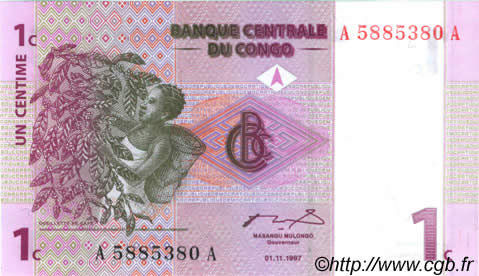 1 Centime CONGO, DEMOCRATIC REPUBLIC  1997 P.080a UNC