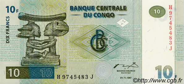 10 Francs CONGO, DEMOCRATIC REPUBLIC  1997 P.087B UNC-