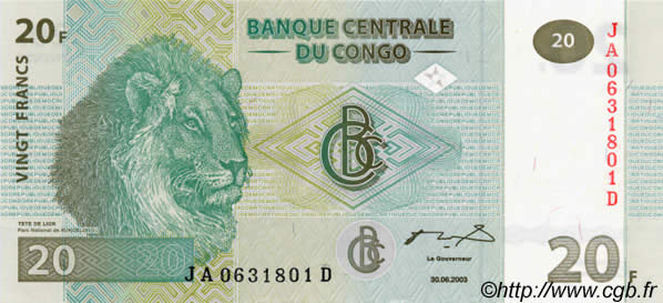 20 Francs RÉPUBLIQUE DÉMOCRATIQUE DU CONGO  2003 P.094a NEUF