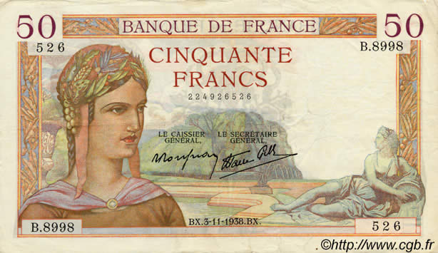50 Francs CÉRÈS modifié FRANCE  1937 F.18 TTB