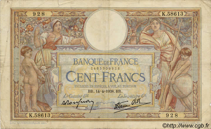 100 Francs LUC OLIVIER MERSON type modifié FRANCE  1937 F.25 TB