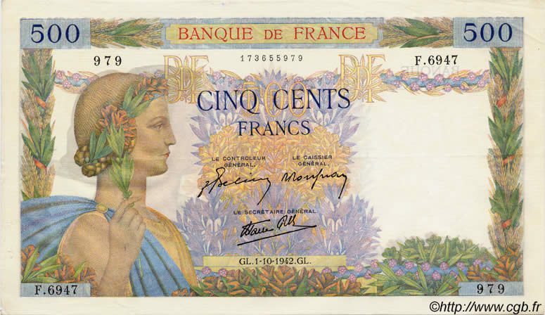500 Francs LA PAIX FRANCE  1942 F.32.41 SUP