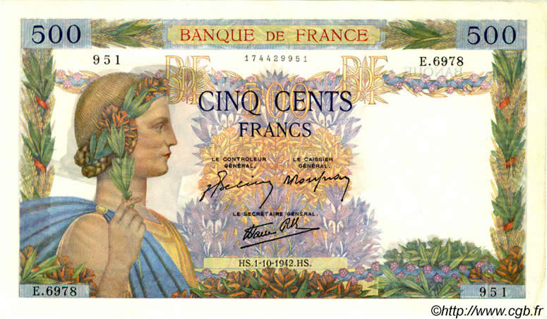 500 Francs LA PAIX FRANCE  1942 F.32.41 SPL+