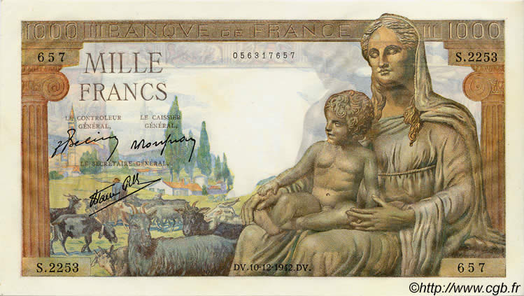 1000 Francs DÉESSE DÉMÉTER FRANCE  1942 F.40.13 SPL+