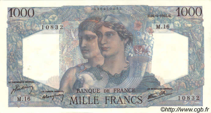 1000 Francs MINERVE ET HERCULE FRANCE  1945 F.41.02 SUP+