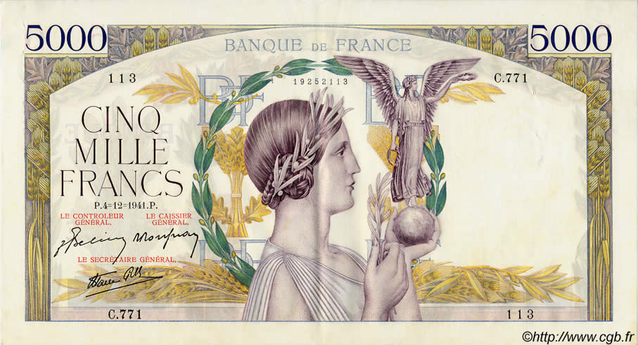 5000 Francs VICTOIRE Impression à plat FRANCE  1941 F.46.30 pr.SUP