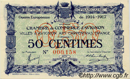 50 Centimes FRANCE régionalisme et divers Avignon 1915 JP.018.13 NEUF