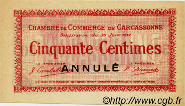 50 Centimes Annulé FRANCE régionalisme et divers Carcassonne 1917 JP.038.12 NEUF