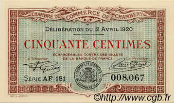 50 Centimes FRANCE régionalisme et divers Chambéry 1920 JP.044.12 NEUF
