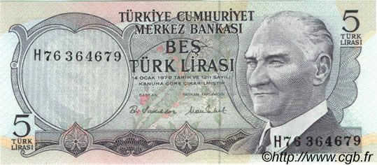 5 Lira TURKEY  1976 P.185 UNC