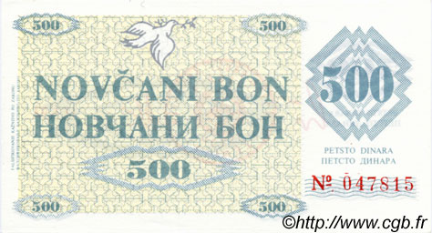 500 Dinara BOSNIE HERZÉGOVINE Zenica 1992 P.007g NEUF