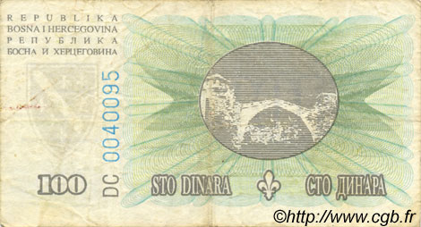 100 Dinara BOSNIE HERZÉGOVINE  1994 P.044a TB