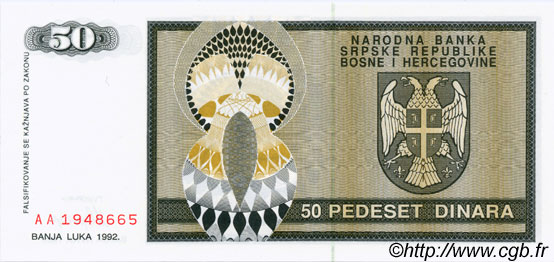 50 Dinara BOSNIE HERZÉGOVINE  1992 P.134a NEUF