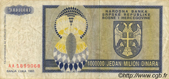 1000000 Dinara BOSNIE HERZÉGOVINE  1993 P.142a TB