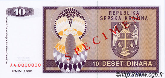 10 Dinara Spécimen CROATIE  1992 P.R01s NEUF