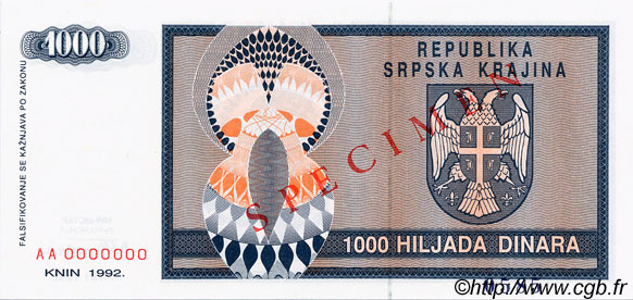 1000 Dinara Spécimen CROATIE  1992 P.R05s NEUF
