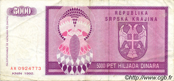 5000 Dinara CROATIE  1992 P.R06a pr.TTB