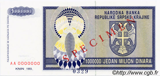 1000000 Dinara Spécimen CROATIE  1993 P.R10s NEUF