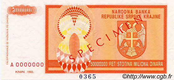 500 000 000 Dinara Spécimen CROATIE  1993 P.R16s pr.NEUF