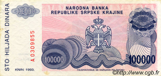100000 Dinara CROATIE  1993 P.R22a SUP