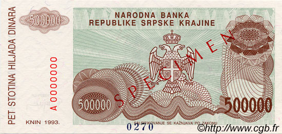 500000 Dinara Spécimen CROATIE  1993 P.R23s NEUF