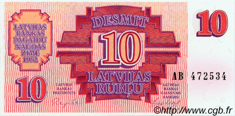 10 Rublu LATVIA  1992 P.38 UNC