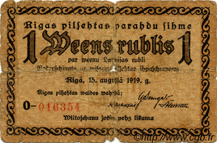 1 Rublis LETTONIE Riga 1919 P.-- B+