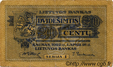 20 Centu LITUANIE  1922 P.11a pr.TB